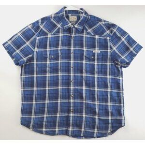 Lucky Brand Shirt Mens Large Blue Pearl Snap Plaid Short Sleeve Cotton
